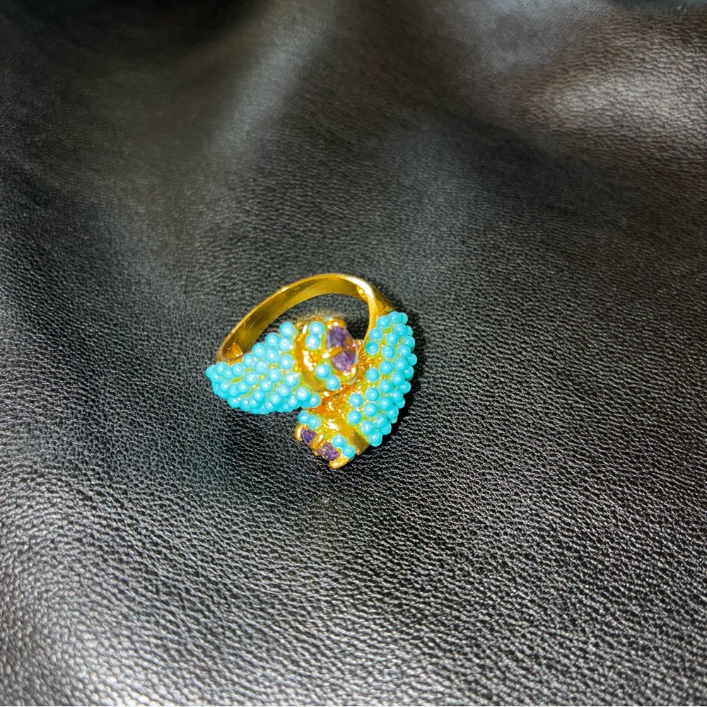 Turquoise Beaded Ring with Gold/ Light Purple